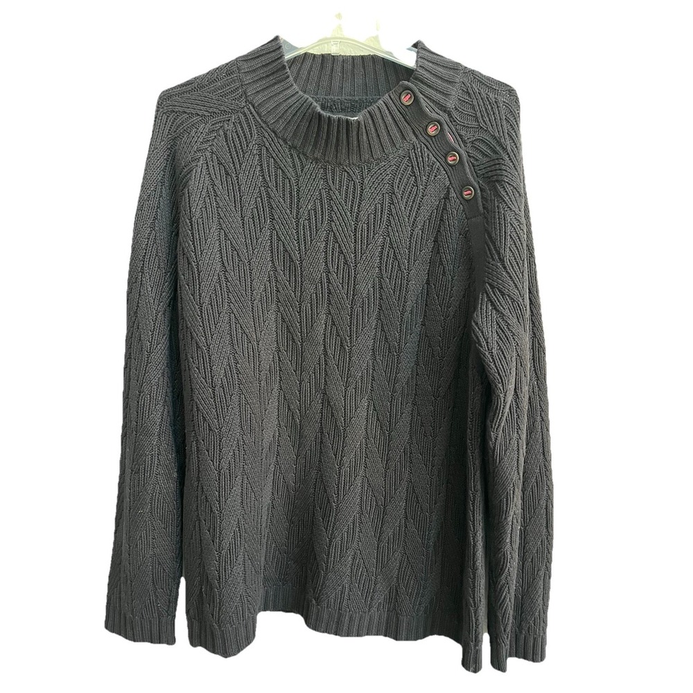 Carbon2Cobalt Black Heavy Cablenet Side Button Sweater Large L 100% Cotton